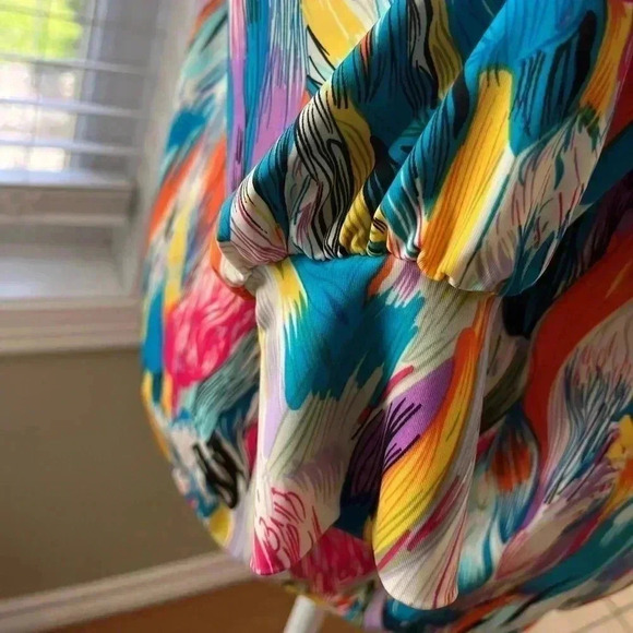 [M]Vintage Citrine  Abstract Rainbow Tulips L/S Pull Over Blouse Key Hole Neck - Picture 4 of 10